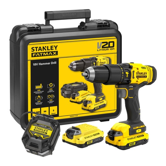 18V STANLEY® FATMAX® V20 Cordless Hammer Drill with 2 x 1.5Ah Lithium Ion Batteries and Kit Box